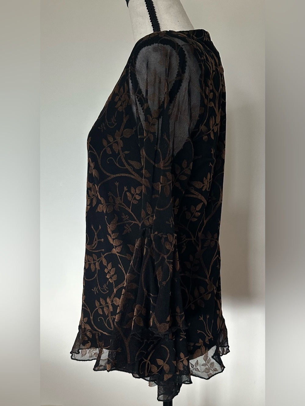 Sheer Mesh Bell Sleeve Floral Tunic Top Large Boho Dark Fairy goth Witchy - Picture 4 of 13